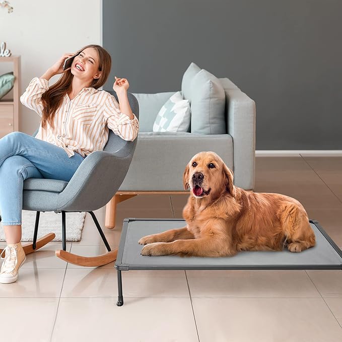 Veehoo Chewproof Elevated Dog Bed - Cooling Raised Pet Cot, Breathable Mesh, Washable & Non-Slip for Large Dogs, Indoor/Outdoor, Grey Mat and Black Frame, 42x30inches (Model CWC2203A03)