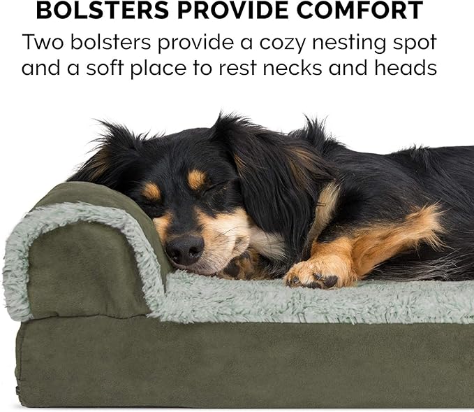FurHaven Orthopedic Dog Bed for X-Large Dogs, L-Shaped Chaise Contour Mattress with Egg Crate Orthopedic Memory Foam for Joint Support, Removable Washable Cover, Jumbo/XL, Faux Fur & Suede, Dark Sage