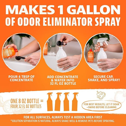 Angry Orange Pet Odor Eliminator for Home - 8oz Dog and Cat Pee Smell Remover for Carpet, Grass, Tile and Furniture - Citrus Concentrate, Makes 128oz of Liquid