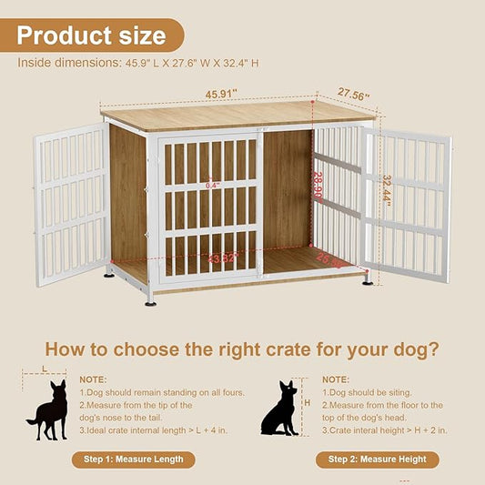 46" Dog Crate Furniture with Wheels, XXL Heavy Duty Dog Kennel Indoor for XL Dogs, Metal Chew-Proof Dog Cage, 45.9" L x 27.6" W x 32.4" H, Decorate House as TV Stand, End Table — Natural and White