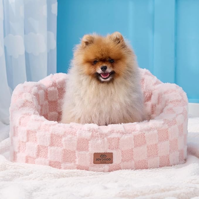 Joydeco Dog Bed for Small Dogs & Cats, Washable Cloud Pet Bed with Orthopedic Foam and Removable Checkered Plush Pad, Non-Slip Bottom for Indoor Puppies and Kittens, 22x20 Inch, Pink