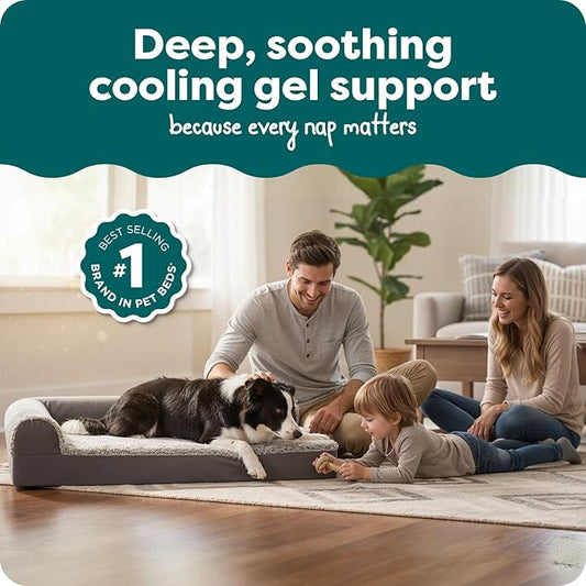FurHaven Cooling Gel Dog Bed for Medium/Large Dogs, L-Shaped Chaise with Cool Gel-Top Foam & Solid Orthopedic Foam Base for Joint Support, Washable Cover, Large, Plush & Suede, Stone Gray