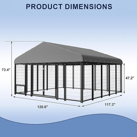 10X10FT Dog Kennel Outside Double Door Dog Kennel Outdoor with Feeding, Heavy Duty Outdoor Dog Crate Durable Dog Cage with Roof & Double Lock