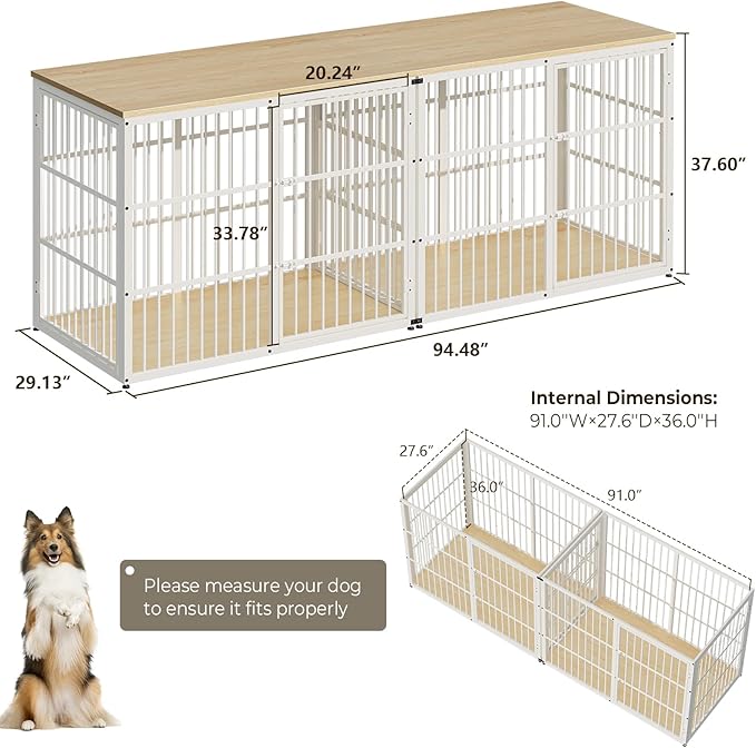 Lyromix 94.48'' Dog Crate Furniture Large Breed TV Stand with Double Rooms for 2 Large Medium Dogs, Wooden Indoor Kennel Crate Cage End Table with Removable Divider, Can Use Separately, Natural Beech