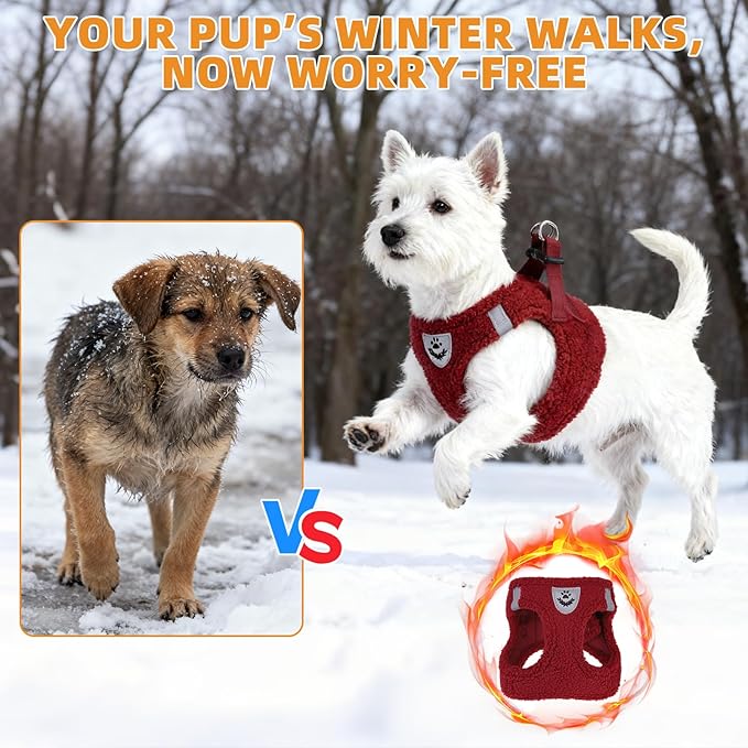 KOOLTAIL Plush Small Dog Harness and Leash Set, Warm Fleece No Pull Puppy Vest for Winter, Lightweight Reflective Step in Pet Harness for Medium Sized Dogs Boy Girl Outdoor Walking, Christmas Red M