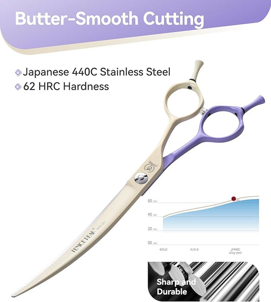 Fenice Peak Curved Dog Grooming Scissors with Coating 440C Stainless Steel, 7 inch Professional Curved Shears Dog Grooming,25 Degree of Curved Blade,Pet Shear for Trimming Face and Paw, Violet & White
