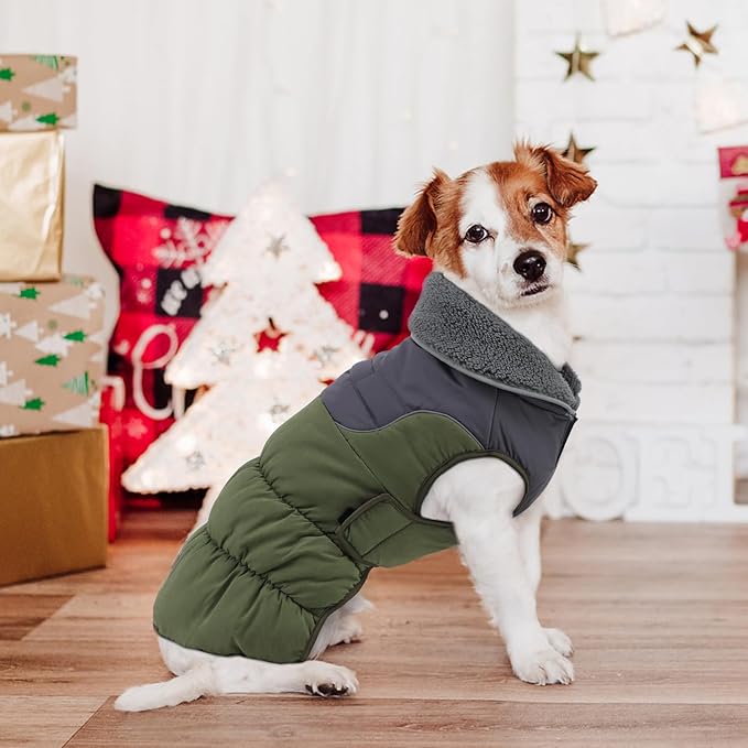 EMUST Small Dog Coat, Thick Warm Dog Fleece Jacket, Windproof Waterproof Pet Apparel for Small Medium Large Dogs, Puppy Sweater Clothes for Small Dogs with Furry Collar, Green S
