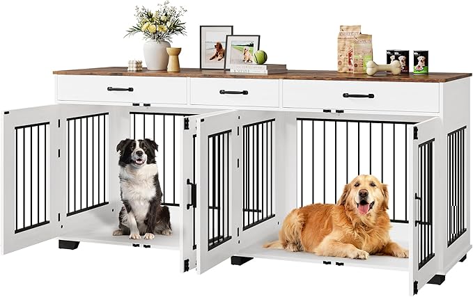 71 in Large Dog Crate Furniture for 2 Dogs with 3 Drawers, Heavy Duty Double Indoor Dog Kennel and TV Stand for Medium Large Dogs, Brown & White