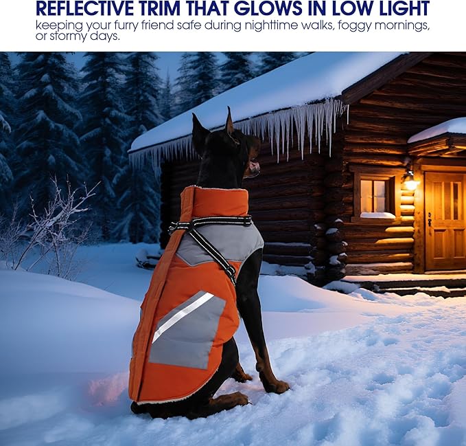 FUAMEY Dog Winter Jackets for Small Dogs,Dog Coat with Harness Built in,Waterproof Dogs Snowsuits Warm Pet Jacket Zip Up Fleece Cold Weather Coats Reflective Safety Pets Hunting Vest Orange S