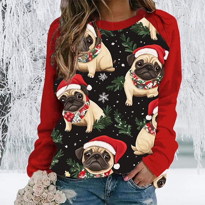 Womens Ugly Christmas Sweatshirt Funny Cat Dog Printed Xmas Pullover Shirts Crewneck Long Sleeve Graphic Hoodies