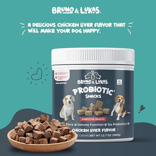 Bruno & Lukas Probiotic Chews for Dogs – Digestive Health & Gut Flora Support – Dog Probiotics for Diarrhea, Loose Stools, Itchiness & Immune Support – 90 Chews, Made in USA