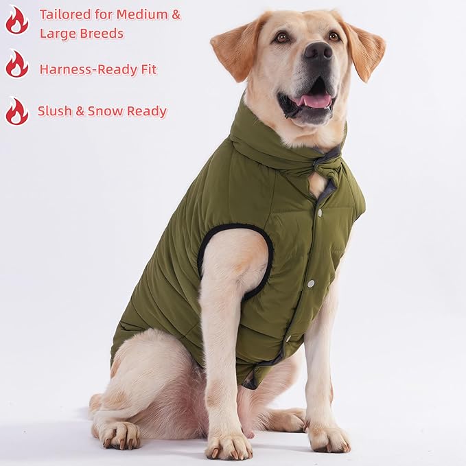 LovinPet Reversible Dog Puffer Coat for Medium & Large Dogs, Down‑Insulated Winter Jacket, Water‑Resistant & Wind‑Resistant, Anti‑Static, Dual-Sided Dark Green & Grey for Cold Weather,L