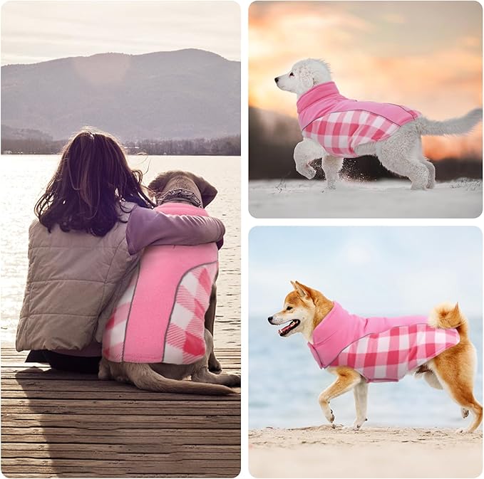 Kuoser Dog Winter Coat, Reversible Waterproof Dog Jacket with Reflective Strip, Warm Dogs Fleece Vest Adjustable Doggy Cold Weather Clothes Plaid Christmas Outfit Pet Apparel for Small Dogs, Pink XS