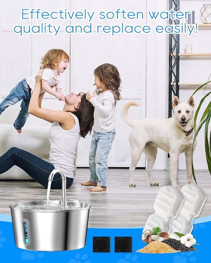 8+8 Pack Cat Water Fountain Filter Replacement Compatible with 74oz/2.2L, 87oz/2.6L Cat Water Fountain Stainless Steel, Activated Carbon Filter and Ultra-fine Fiber