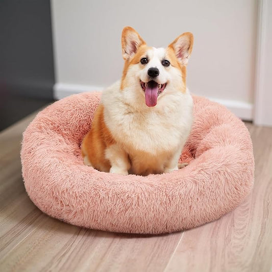 Athena Collection Washable Dog Bed Medium Size Dog, Cat Bed for Indoor Cats, 31 Inches Fluffy Faux Fur Round Pet Bed Calming Cozy Soft Warming Donut for Medium Puppy Kitten, Pink