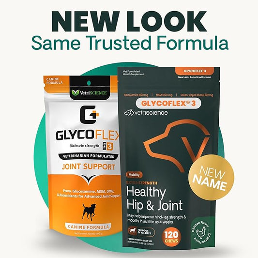 VetriScience Extra Strength Healthy Hip & Joint Chews, GlycoFlex 3, Glucosamine, Green-Lipped Mussel, Joint Support Supplement for Dogs, Promote Mobility & Soothe Joint Discomfort, Chicken, 120 Count