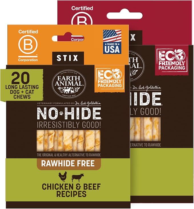 Earth Animal No Hide Stix - Long Lasting Rawhide Free Small Dog Chews Sticks, Chicken & Beef Variety Bundle - 40 Count Value Pack