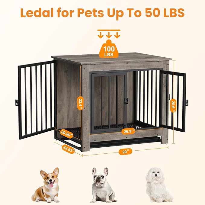 Dog Crate Furniture, 29 Inch Indoor Dog Kennel for Small Dogs Up to 30 LBS, Heavy Duty Wooden Pet Cage End Table with 3 Doors, Alloy Steel Frame & Removable Tray