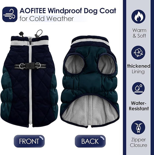 AOFITEE Dog Coat, Warm Dog Winter Coat, Reflective Cold Weather Dogs Puffer Jacket with Harness Built in, Waterproof Pet Fleece Vest Snowsuit for Small Medium Large Dogs, Navy L