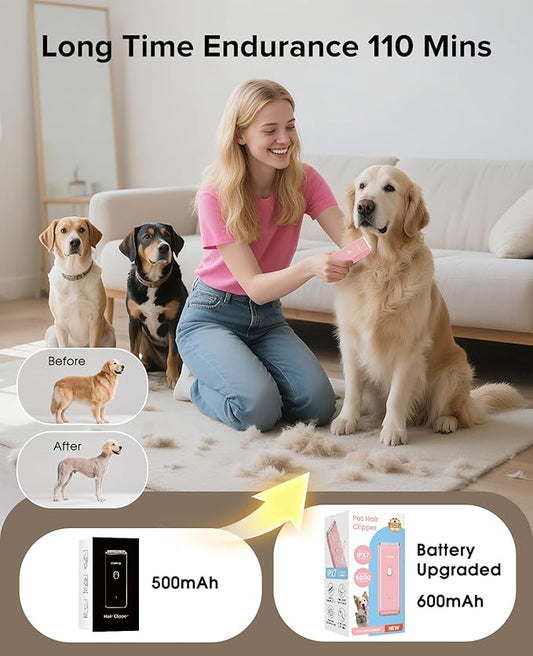 Dog Clipper for Matted & Long Hair,Quiet Pet Paw Hair Trimming Groomer,Handy Cordless Rechargeable Waterproof Shaver Kits for Cats,Small Dogs & Animals Pink