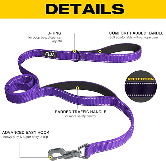 Fida 6 FT Heavy Duty Dog Leash with 2 Comfortable Padded Handles, Traffic Handle & Advanced Easy Snap Hook, Reflective Walking Lead for Large, Medium & Small Breed Dogs, Purple