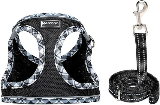 Mercano Soft Mesh Dog Harness and Leash Set, No-Chock Step-in Reflective Breathable Lightweight Easy Walk Vest Harnesses with Safety Buckle for Small Dogs, Cats (Black White, S)