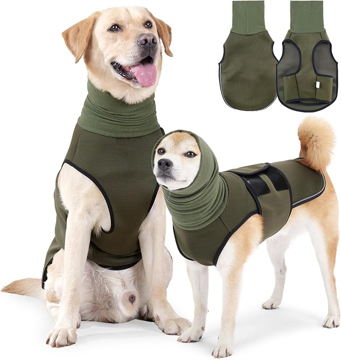 ROZKITCH Dog Calming Hoodie, Anti-Anxiety Vest for Storms & Fireworks, Adjustable Breathable Dog Shirt with Ear Wrap for Comfort ArmyGreen M