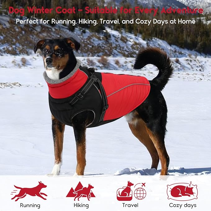 ASENKU Reflective Dog Coat with Built-in Harness, Windproof Fleece-Lined Dog Jacket for Small, Medium, Large Dogs, Warm Winter Vest with Turtleneck & Zipper (Red M)