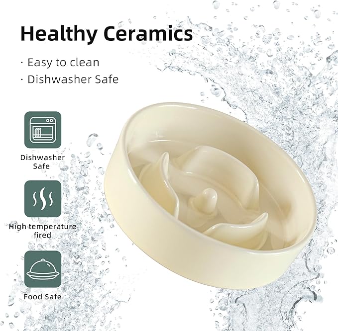Ceramic 0.9 Cup Raised Slow Feeder Dog Bowl Set, Elevated 5.1inch Water Bowl and 6.1inch Puzzle Slow Pet Food Dish with Wooden Stand for Small Dog and Cat, Anti-Gulping (2 x Beige+ Stand)