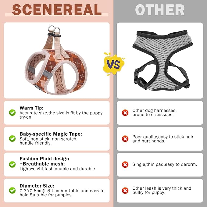 SCENEREAL Small Dog Harness and Leash Collar Set, Fall Step in No Pull Soft Mesh Dog Harnesses for Small Medium Sized Dogs Puppy Outdoor Walking, No Chock Reflective Vest Harness, Brown Plaid M