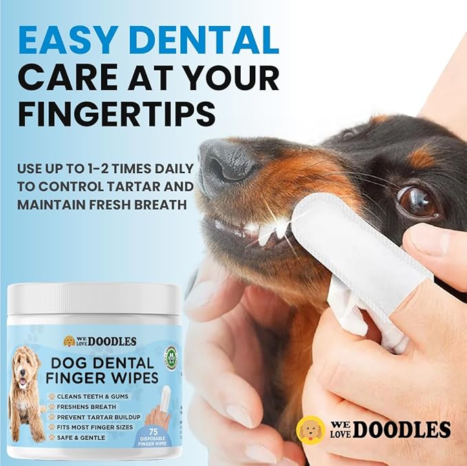 We Love Doodles Dog Teeth Cleaning Wipes - Pet Dental Finger Wipes for Dogs - Cleans Teeth and Gums, Freshens Breath Dog Dental Wipes, Prevents Tartar Buildup, Fits Most Finger Sizes (75 Wipes)