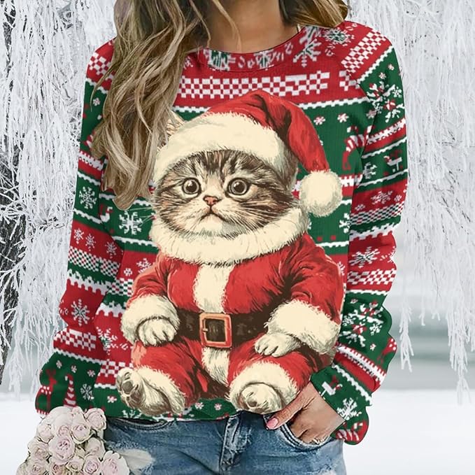 Womens Ugly Christmas Sweatshirt Funny Cat Dog Printed Xmas Pullover Shirts Crewneck Long Sleeve Graphic Hoodies