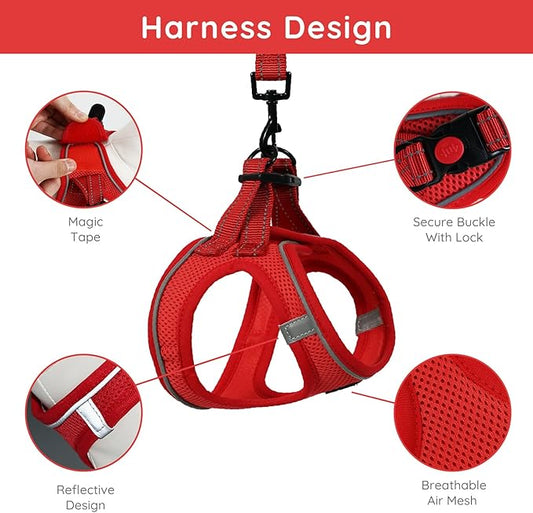 BELLA & PAL Step in Vest Harness for Small and Medium Dogs, No Pull Small Dog Harness with Leash Set, Comfortable Air Mesh Dog Vest Harness with Reflective Strip (Red, XS)