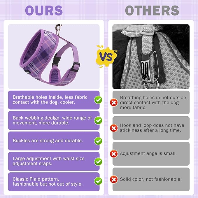 SCENEREAL No Pull Dog Harness Collar and Leash Set Small Medium Sized Dog, Soft Mesh Step in Puppy Harnesses, No Chock Plaid Adjustable Pet Vest for Outdoor Walking Training and Running, Purple XS