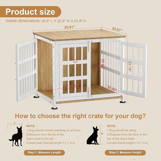 26" Dog Crate Furniture for Small Dogs, Heavy Duty Dog Cage for Small & Medium Dogs with Wheels, Indoor Puppy Crate, 26.6"L x 20.9"W x 23.8"H, Decorate House as TV Stand, End Table — Natural and White