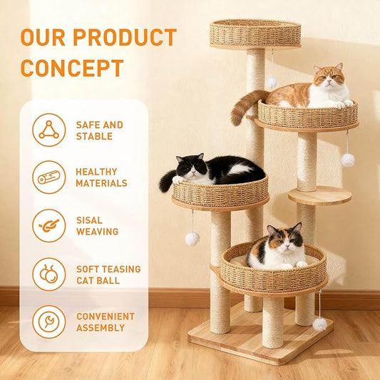 Modern Cat Tree for Indoor Cats Large Adult, 54''Tall Cat Tower with Scratching Post, Wood Cat Tree for Large Cats with Multi-Levels, 4 Weaving Washable Handwoven Rattan Cat Condo