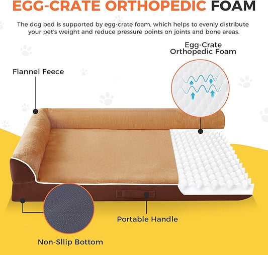 Dog Bed Large Sized Dogs, Orthopedic Dog Bed for Large Dogs, Waterproof Pet Bed with Washable Removable Cover, L-Shaped Pet Couch with Portable Handle 36"x27"x6.5", Brown