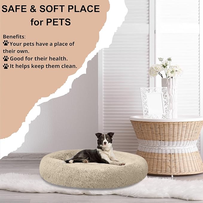 SAVFOX Plush Calming Dog Beds, Donut Dog Bed for Small Dogs, Medium, Large, X-Large & XX-Large, Comfy Cuddler Dog Bed and Cat Bed in Faux Fur, Washable Dog Bed, Multiple Sizes S-XXL