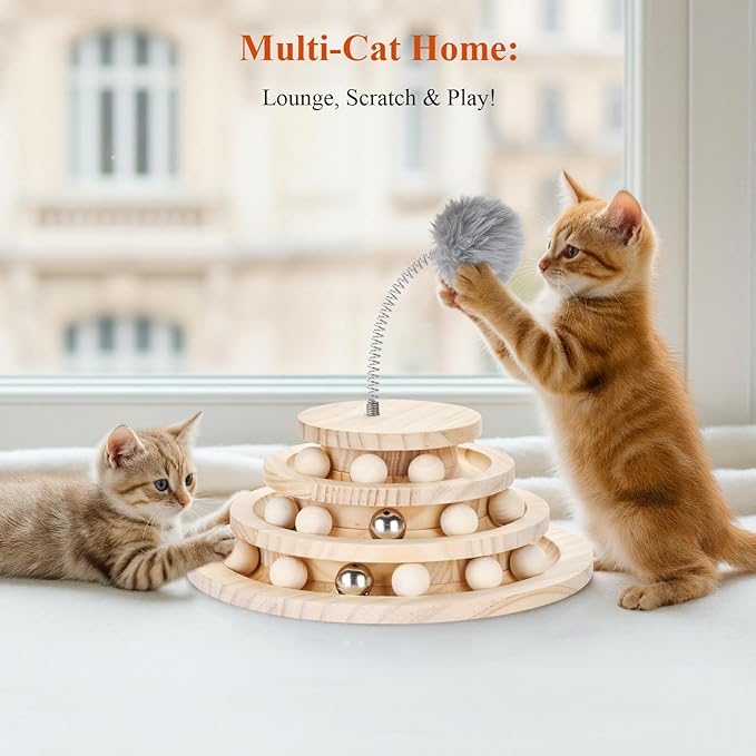 SMICEM Large Upgraded Cat Track Ball Toy with Bell & Teaser Wand - 3-Layer Tower Roller, Interactive Wooden Cat Toy for Mental & Physical Exercise, Double Fun for Kittens & Adult Cats