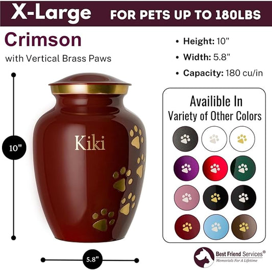 Pet Urn for Dogs and Cats with Personalized Laser Engraving, Ottillie Paws Premier Series Memorial Urns (X-Large Crimson with Vertical Brass Paws)