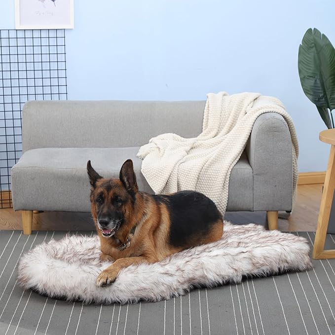 Laifug Luxury Faux Fur Dog Bed - 5-inch Thick Grade Ultra Soft Memory Foam with Removable Faux Fur Cover, Waterproof Liner (Gray-Brown, White)