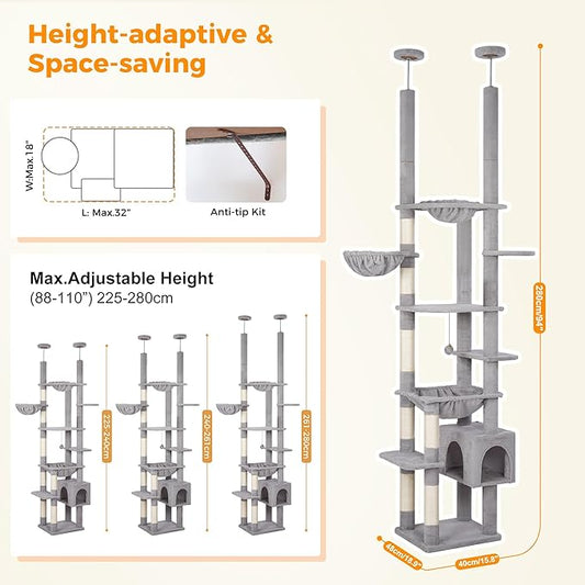 Floor to Ceiling Cat Tree Corner Cat Tower with Adjustable Height 88.9-109 inches (226-279cm) with Large Hammocks,Condo,Multi Platforms and Scratching Post for Indoor Cats-Gray Dual Posts