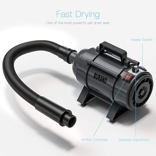 Burano Dog Dryer, High Velocity Pet Hair Dryer, 4.3HP Stepless Adjustable Speed Dog Hair Force Dryer, Powerful Pet Blower with Heater