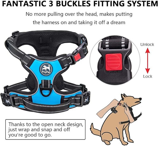PoyPet Dog Harness and Leash Combo, Escape Proof No Pull Vest Harness, with 5 Feet Leash, Reflective Adjustable Soft Padded Pet Harness with Handle for Small to Large Dogs(Blue,XL)