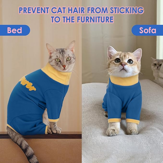 Cat Onesie to Prevent Hair Loss-Blue-2XL, Soft Pajamas for Long-Haired Cats Shedding Season,Outing Wear for Protecting The Skin,Keep Warm for Air-Conditioned Room Sleeping