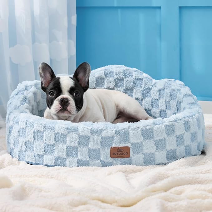 Joydeco Dog Bed for Small Dogs & Cats, Washable Cloud Pet Bed with Orthopedic Foam and Removable Checkered Plush Pad, Non-Slip Bottom for Indoor Puppies and Kittens, 27x24 Inch, Light Blue