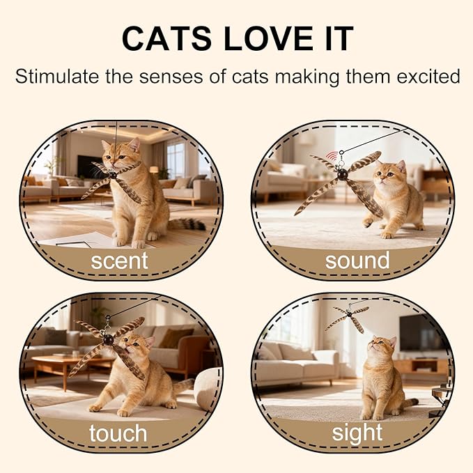 ottmat Cat Wand Toys Interactive for Indoor Cats, 4PC 4-Blade Feather Propeller Refills, 1PC Cat Wand 30'' Flexible Steel Wire Cat Teaser with Sturdy Wood Handle for Kittens & Adult Cats(Wild)