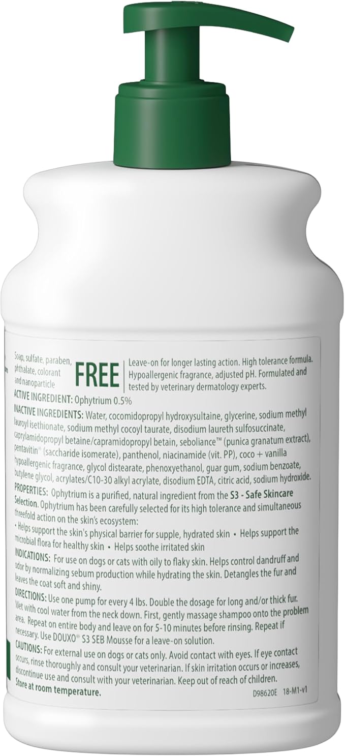 Douxo S3 Seb Shampoo, Contains 0.5% Ophytrium, Odor Control & Seboregulating, For Oily to Flaky Skin, Seborrhea, For Dogs and Cats, 16.9 fl. oz. (500mL)