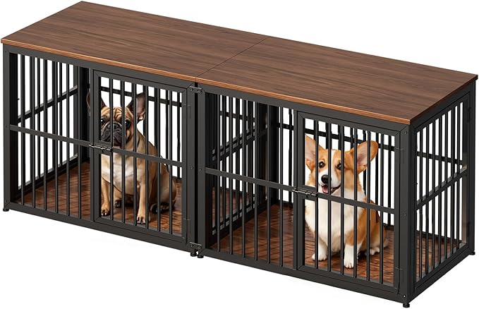 Lyromix 66'' Dog Crate Furniture with Double Rooms,Wooden Crate TV Stand with Removable Divider, Heavy Duty Indoor Puppy Cage Kennel for Small to Medium Dogs, Can Use Separately, Walnut