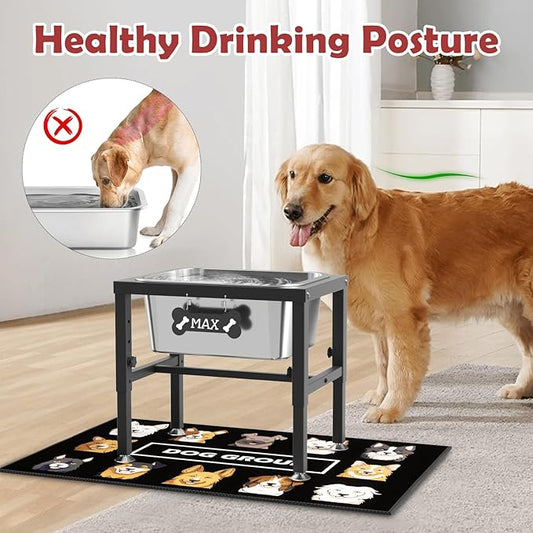 2.8 Gallon Elevated Large Dog Water Bowl, ADENGL 4-Height Adjustable (9.4–14.2'') Raised Stainless Steel Bowl, Dog Bowls Elevated with Spill-Proof Mat & Sturdy Metal Stand for Indoor/Outdoor Use